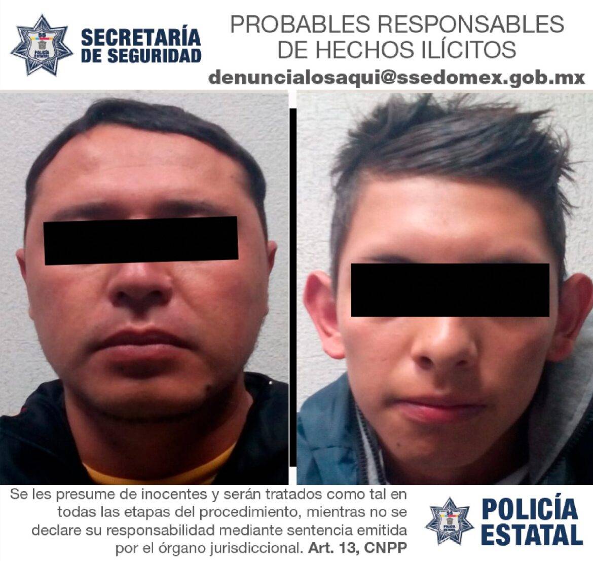 Elementos de la Secretaría de Seguridad detienen a dos hombres posiblemente relacionados en un robo con violencia