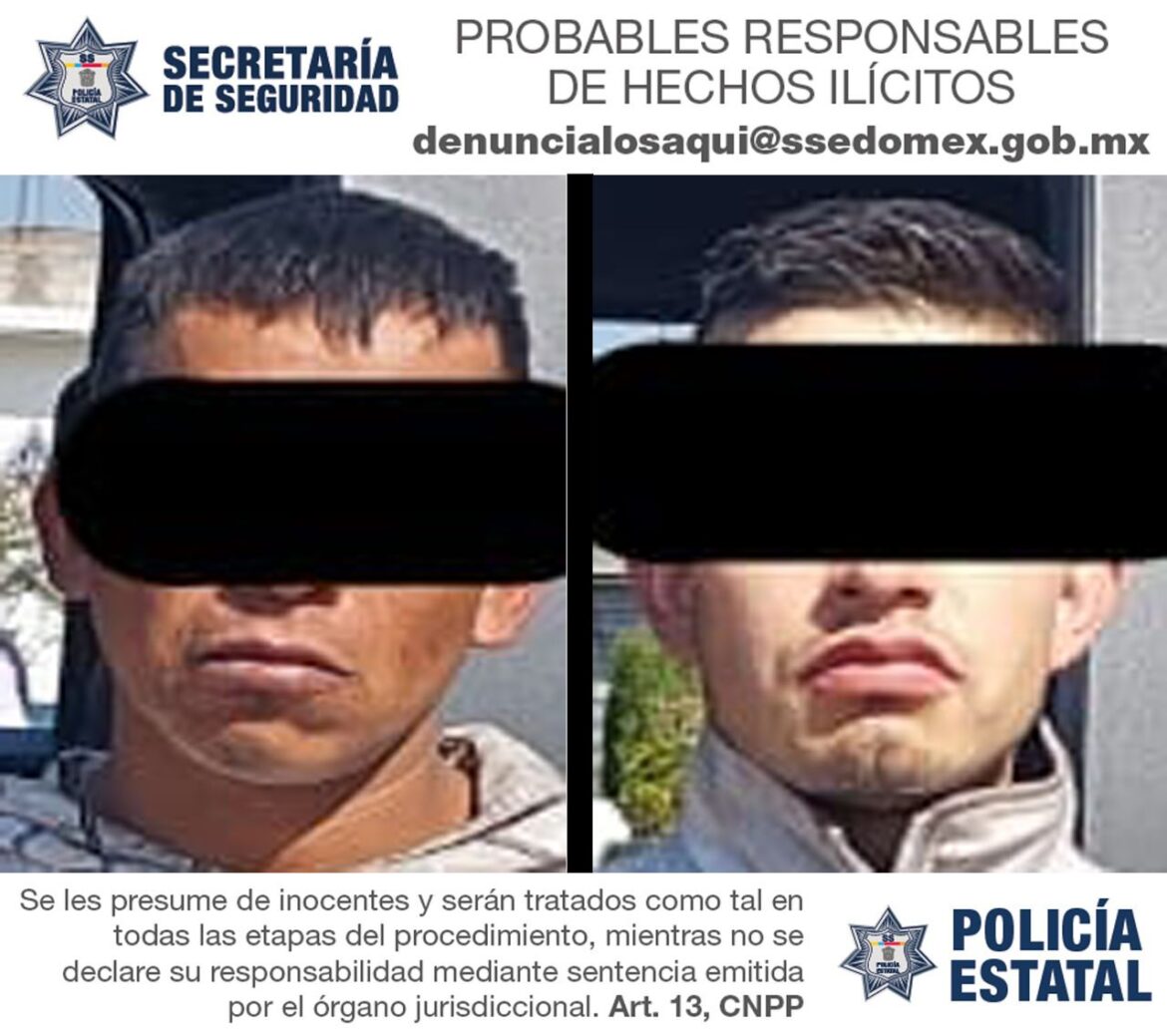 Elementos de la Secretaría de Seguridad del Edomex detuvieron a dos hombres probablemente involucrados en un robo a comercio con violencia