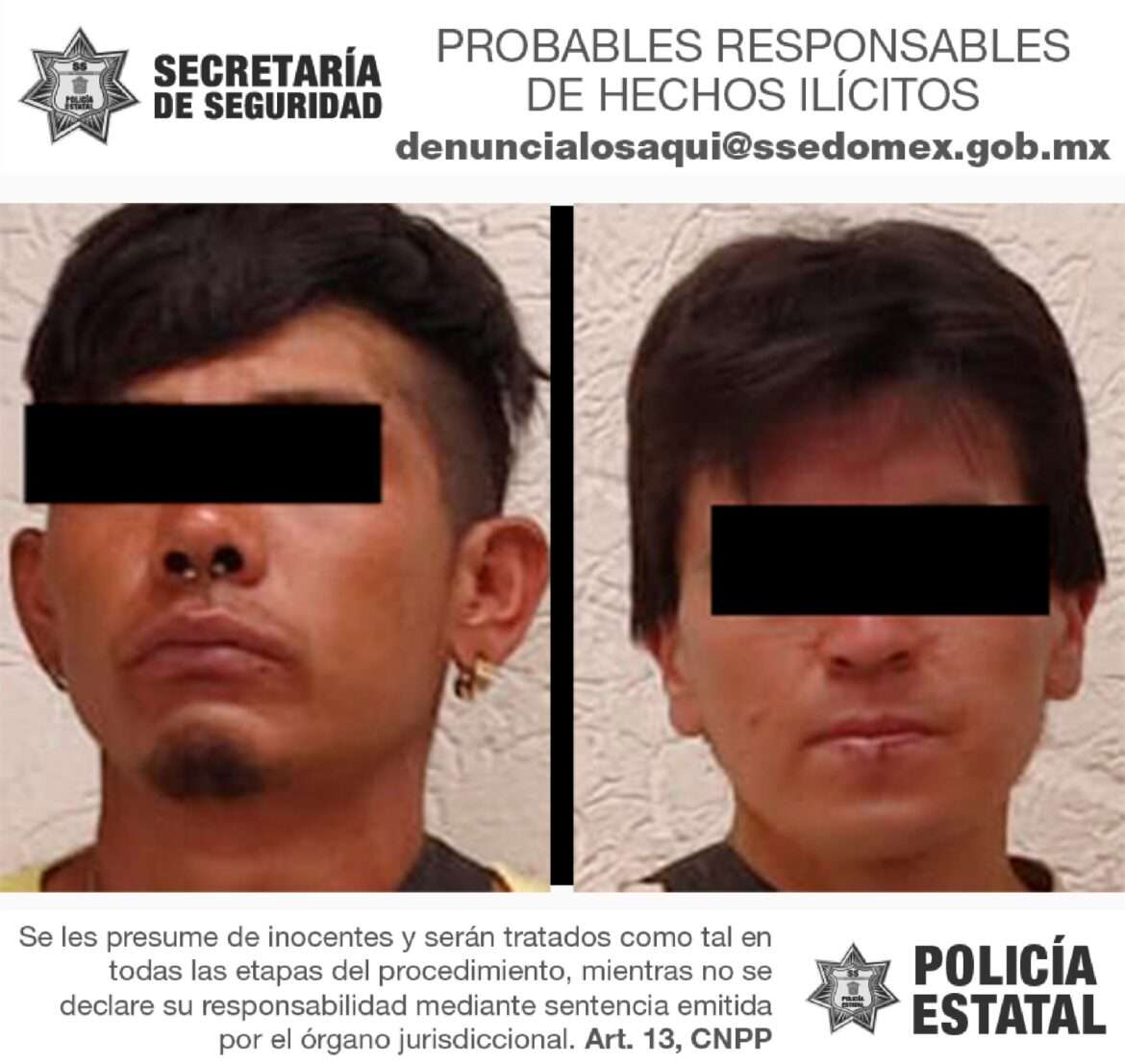 Efectivos de la Secretaría de Seguridad y policías municipales detienen a dos hombres probablemente implicados en diversos robos con violencia a tiendas de conveniencia