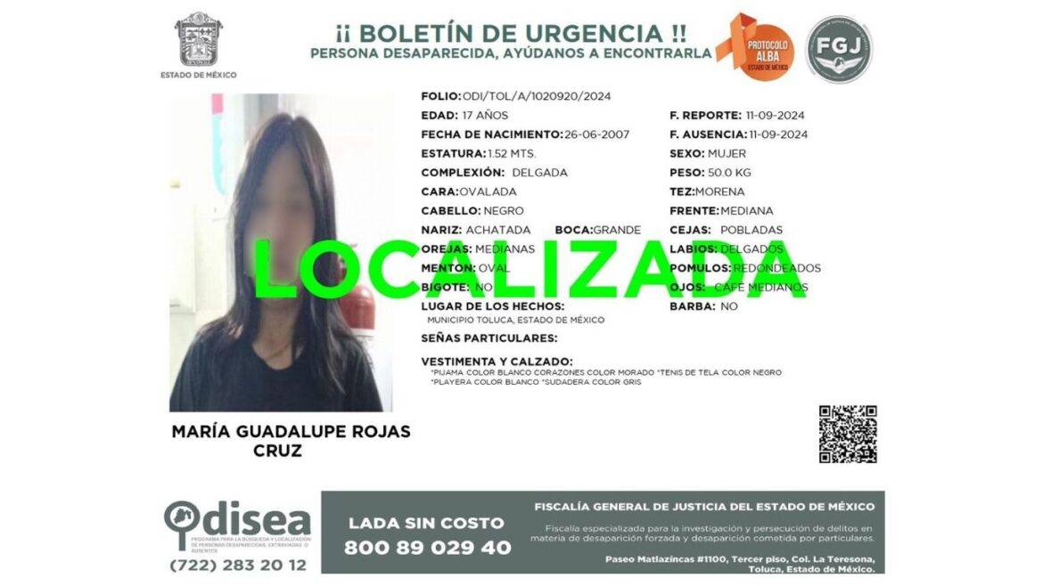 Fiscalía Edoméx localiza en Tultepec a adolescente de 17 años, reportada como desaparecida en la capital mexiquense