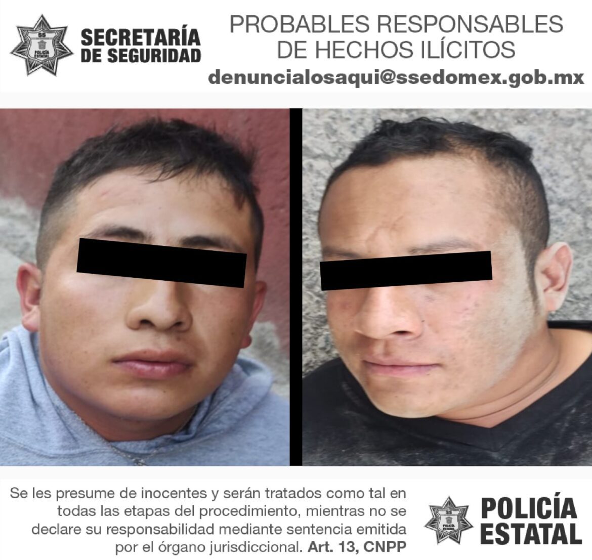 Secretaría de Seguridad del Edomex detiene en flagrancia a dos posibles implicados en el delito de robo con violencia