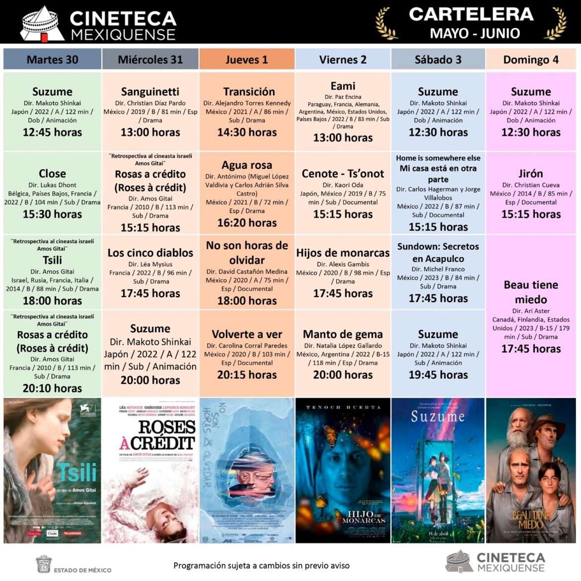 Programa Cineteca Mexiquense largometrajes de directores mexicanos, franceses, argentinos y japoneses